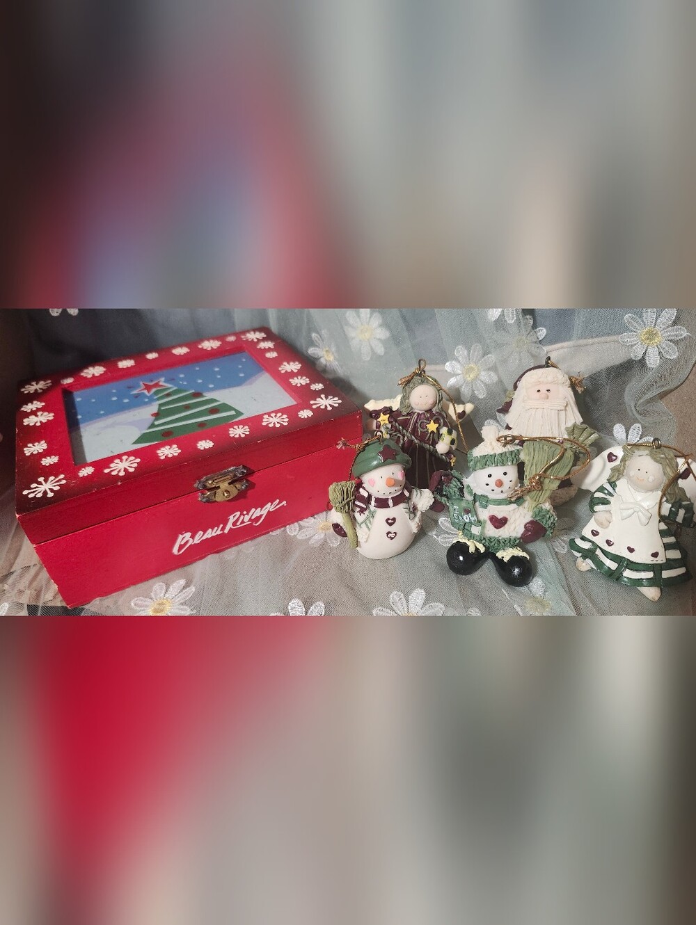 Vintage 5 Pc. Christmas Clay style Ornaments In A Beau Rivage Wood Box